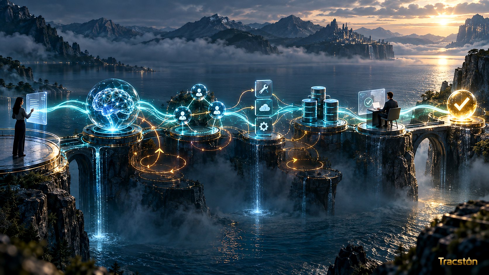 A cinematic digital river flowing through multiple AI nodes, databases, APIs and human approval points, with successful paths glowing while inefficient loops spiral away.