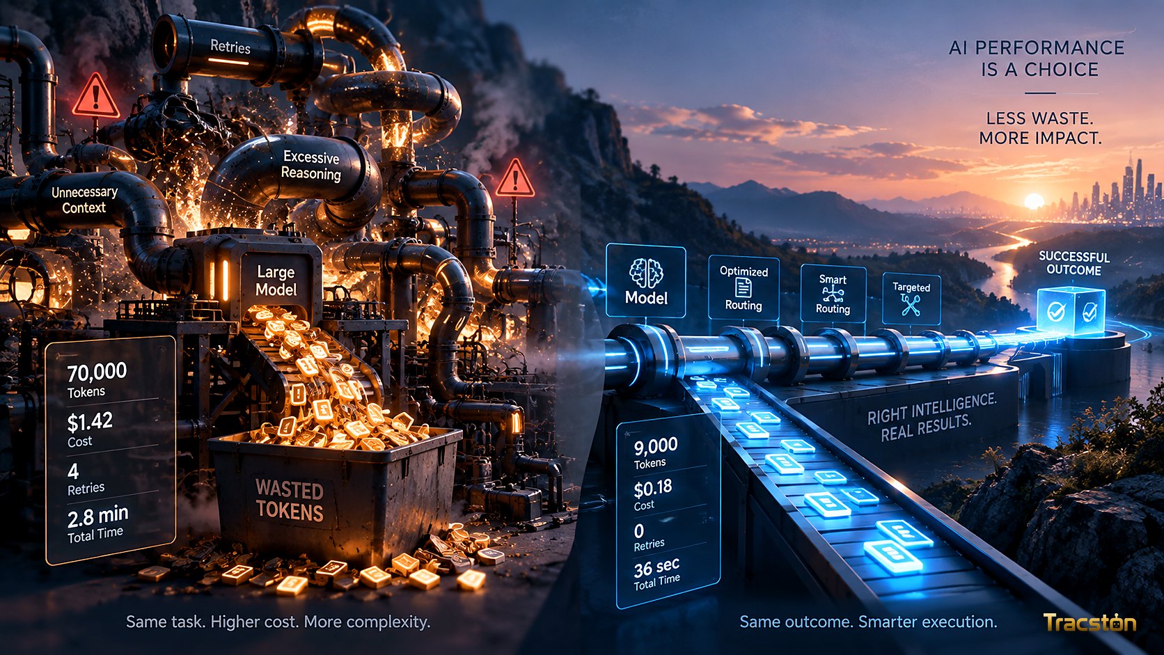 Two futuristic AI pipelines completing the same task — one enormous and expensive with many loops, the other compact and efficient — converging on the same destination.