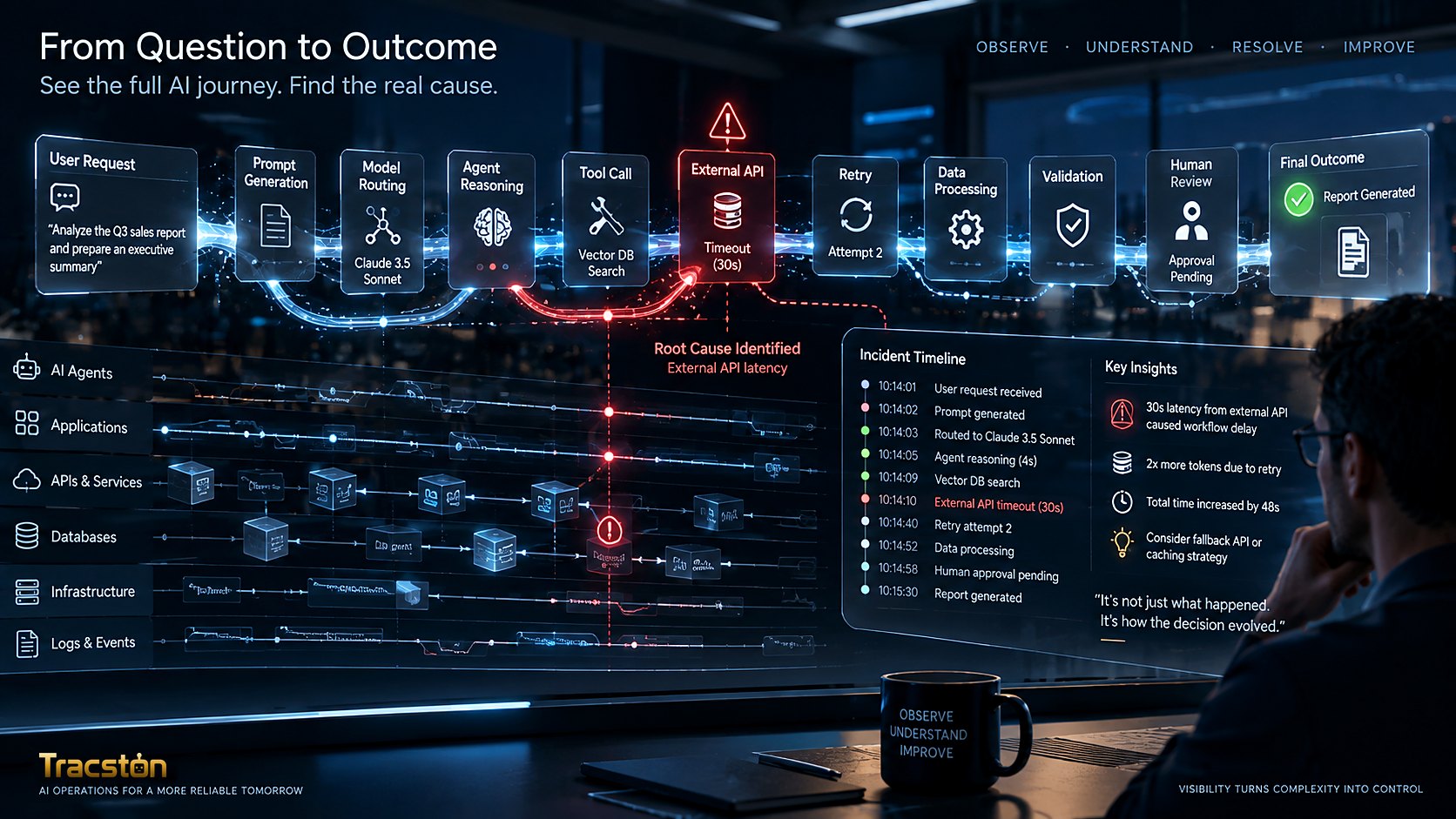 A forensic timeline suspended in 3D space, showing prompts, agents, APIs, servers and human actions connected across time.