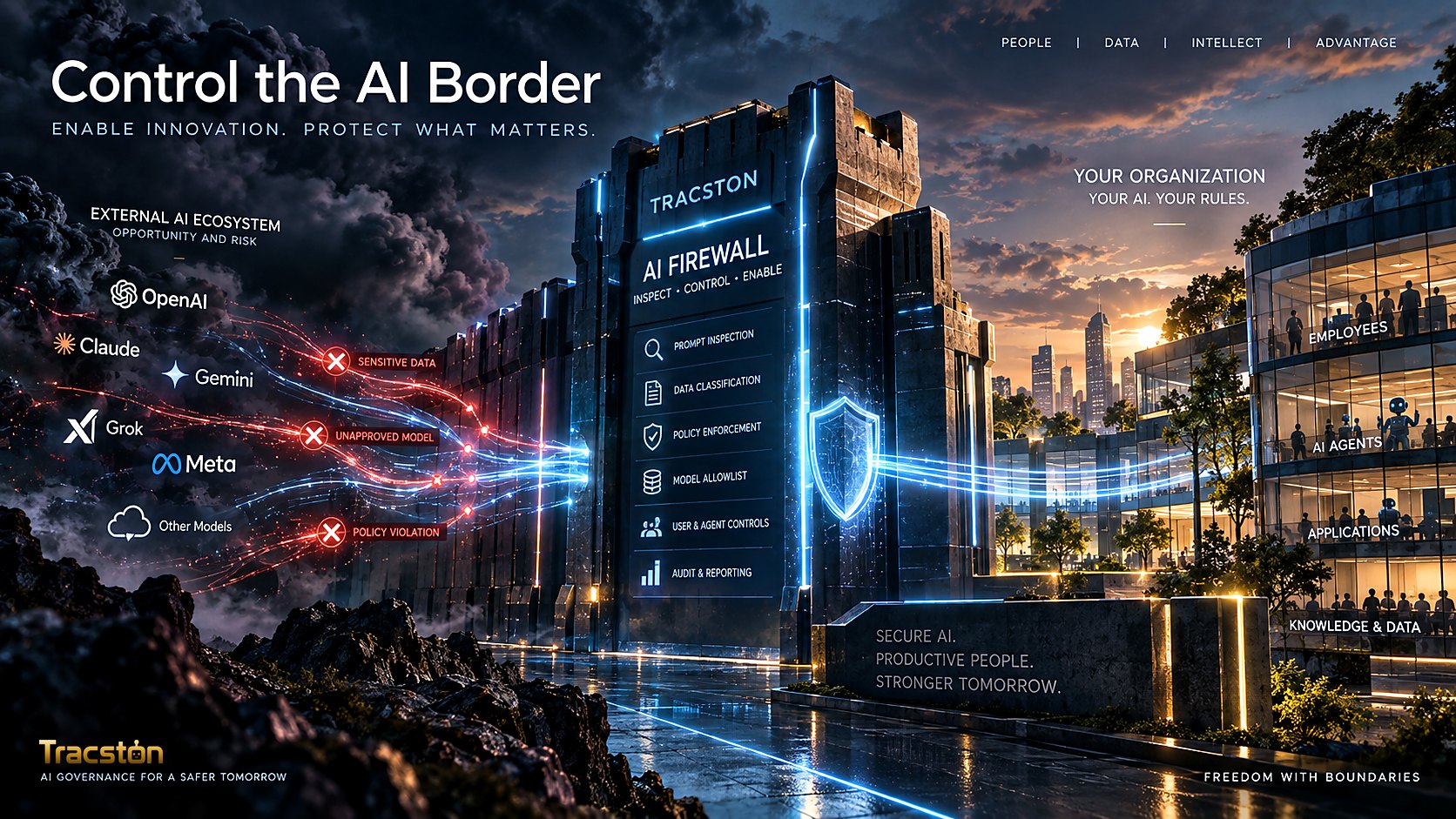 A glowing organizational AI gateway separating internal knowledge, employees and agents from many external AI models, with permitted and blocked flows.