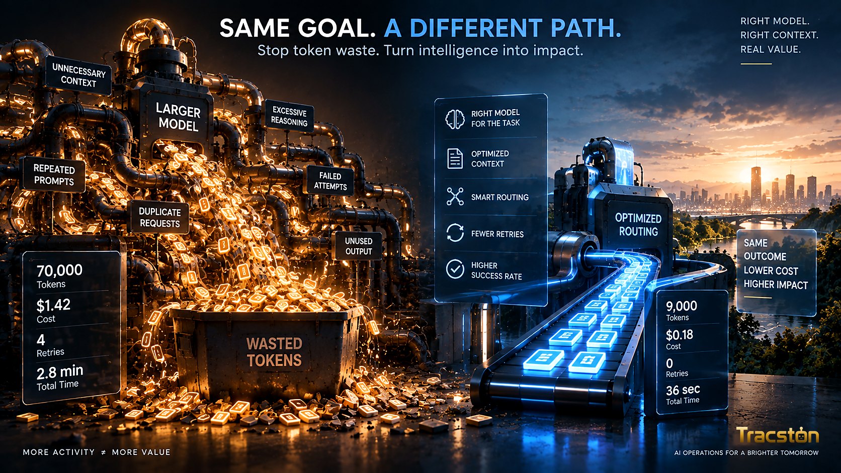 Thousands of glowing tokens leaking from oversized AI pipes while a smaller optimized pipeline delivers the same output.