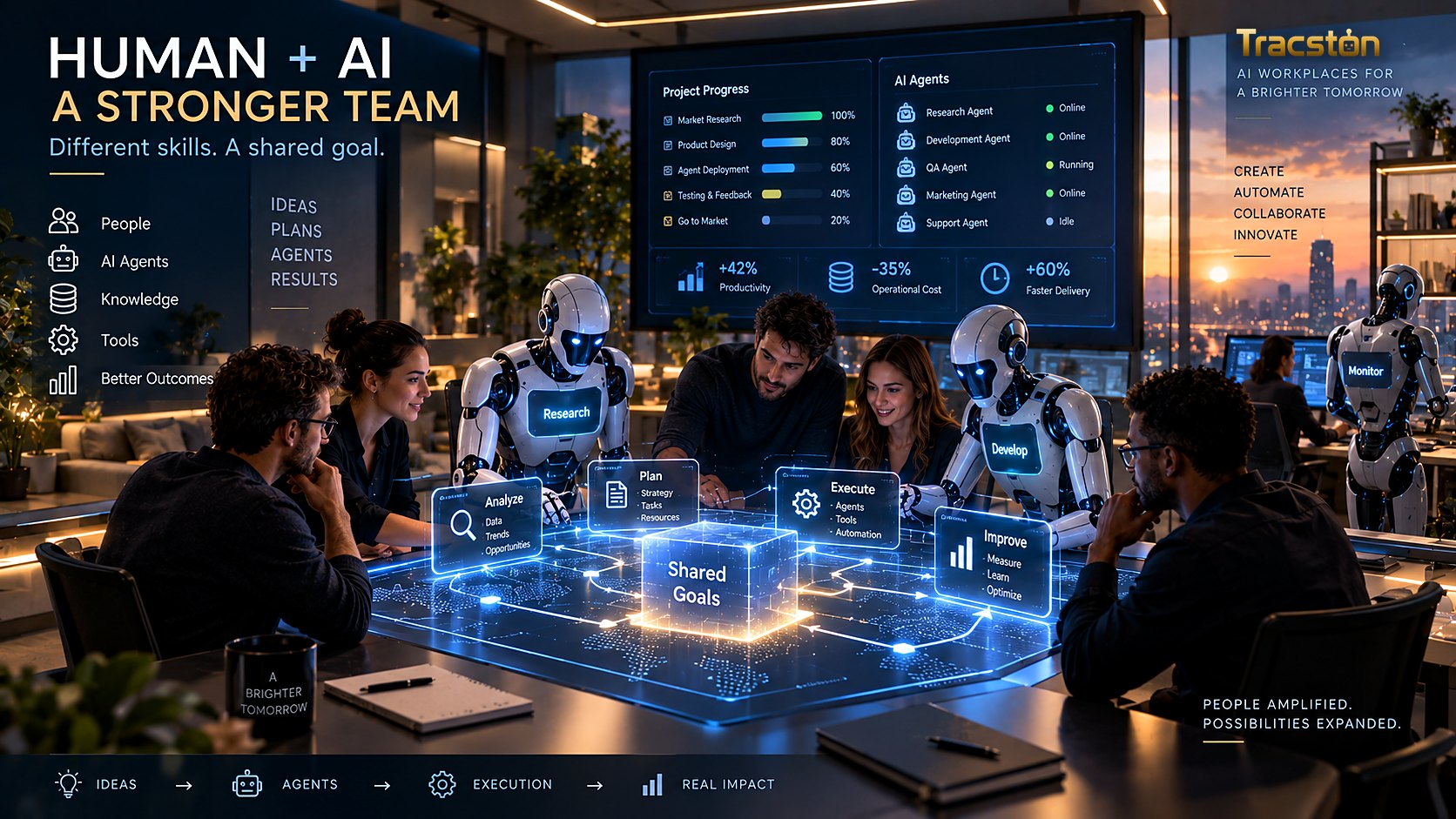 A large futuristic workspace populated by digital AI workers collaborating across projects, tools and shared knowledge spaces.