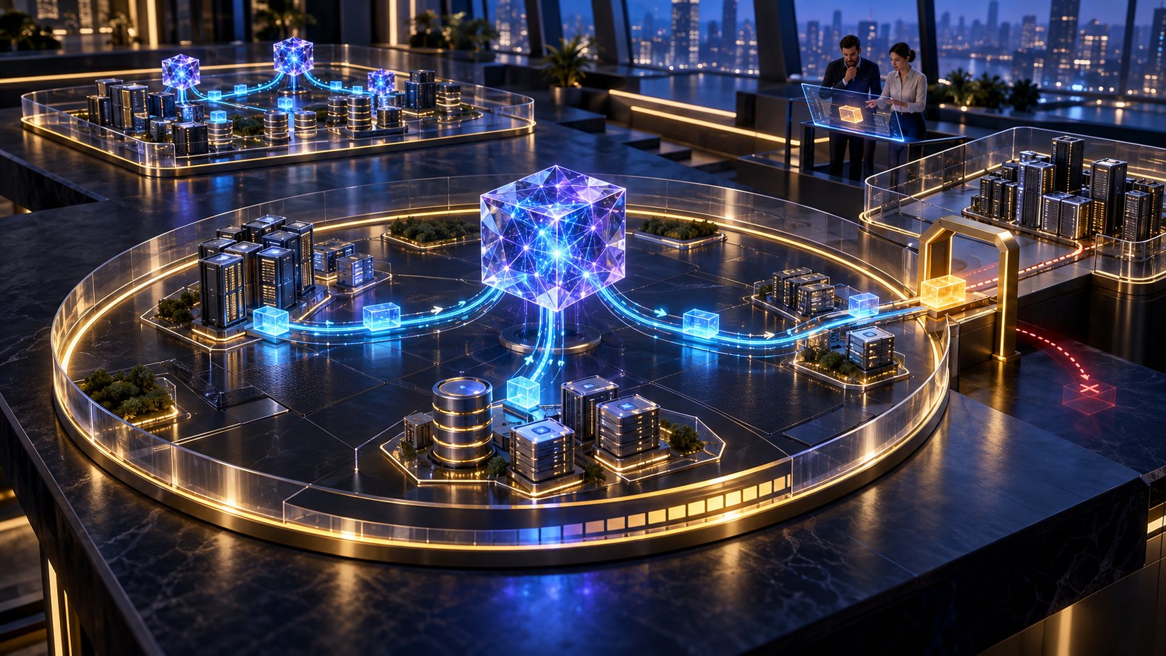 A model of an operating environment on a dark table: a glowing crystal cube at the centre of a gold-ringed boundary sends work along blue paths to servers and databases inside the ring; at a gold gate on the edge, one request is stopped and its red path ends in a cross, while two people review it on a glass console.