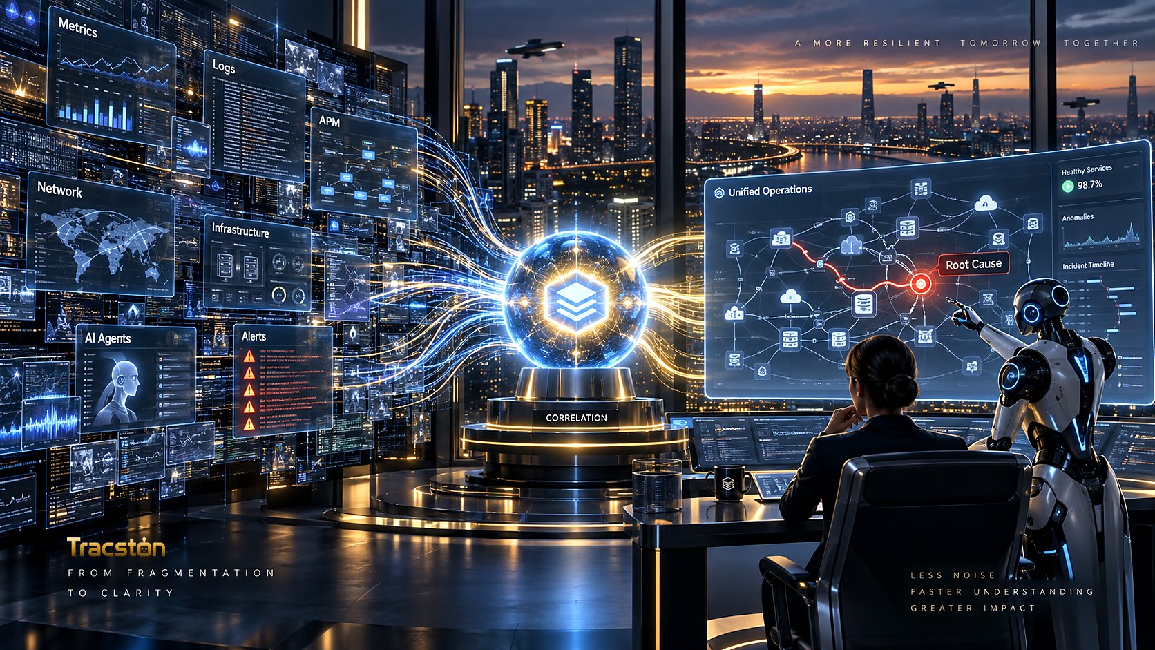 A cinematic operations landscape where thousands of fragmented metrics, logs, network signals, application traces and AI-agent events converge into one intelligent operational core. On one side, engineers are overwhelmed by dozens of disconnected screens; on the other, a unified platform turns the same information into a clean service map, one correlated incident and a clearly highlighted root cause, while both a human operator and an AI agent investigate from the same operational picture.