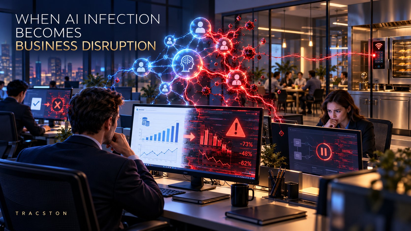 Tracston, When AI Infection Becomes Business Disruption: in an office at night, a network of AI agents glows blue until red infection spreads through it and out to a connected oven in the company kitchen; dashboards turn from rising charts to red drops of -73%, -48% and -62%, a workflow screen shows a pause button, and employees look on with concern.