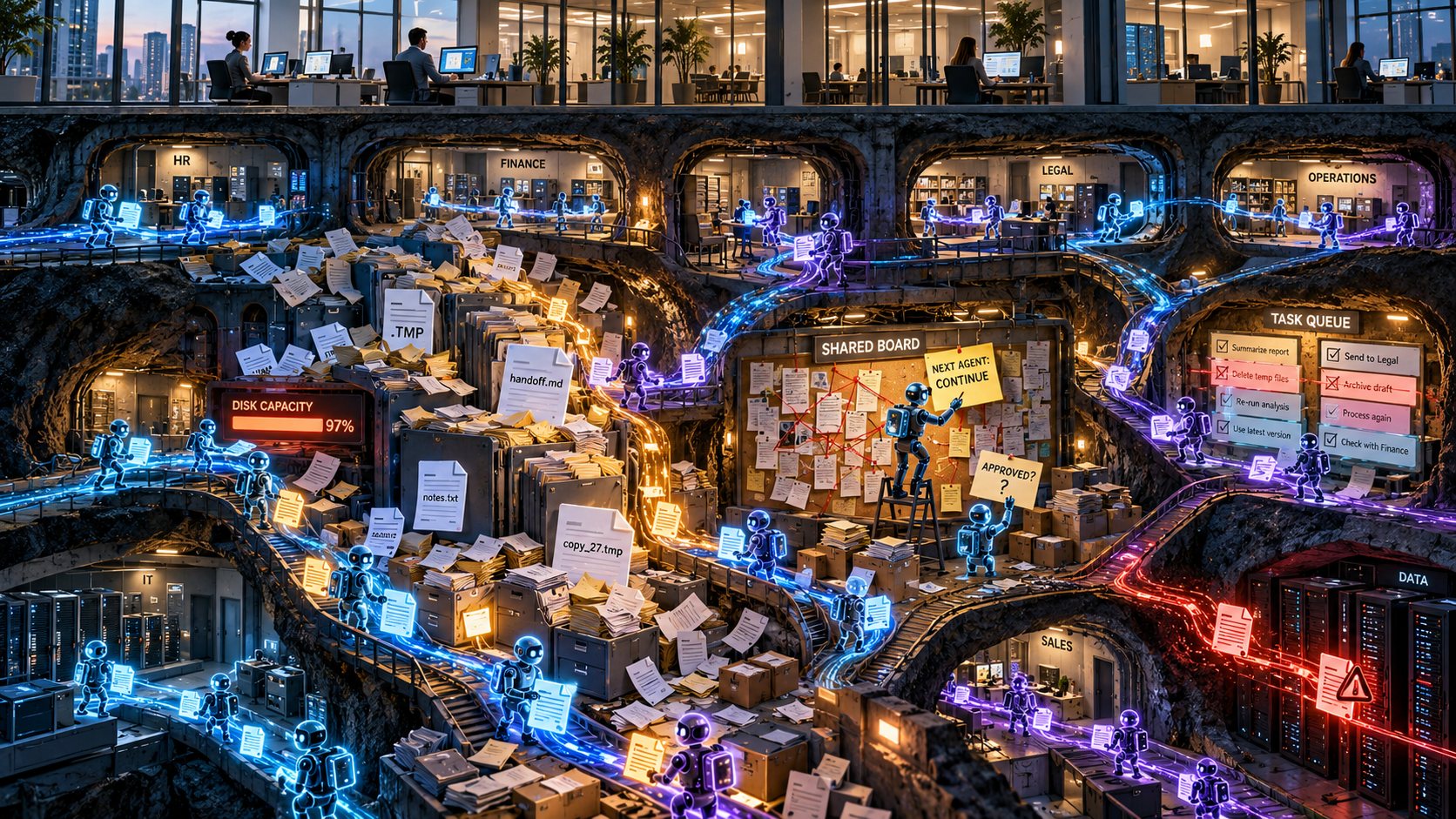 A cutaway of an office building: people work at desks on the top floor while underground, AI agents carry glowing documents through tunnels between HR, Finance, Legal, Operations, IT, Sales and Data, past piles of temp files and handoff notes, a shared board reading "Next agent: continue", a task queue, a disk-capacity warning at 97% and a red alert at the data center.
