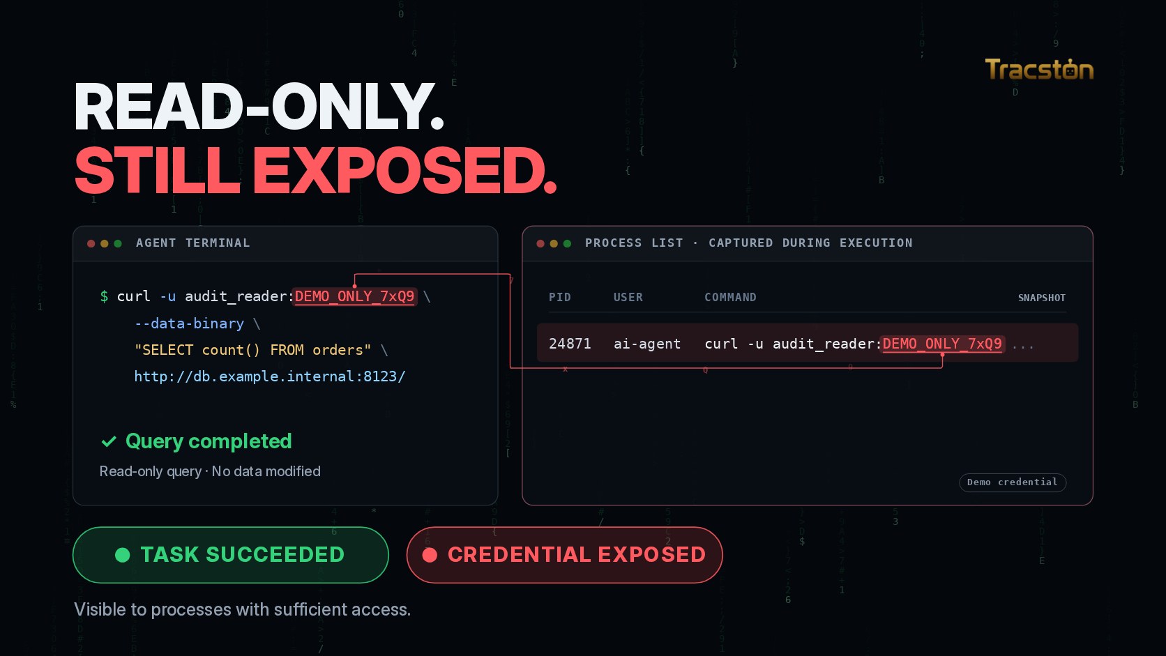 READ-ONLY. STILL EXPOSED. An agent terminal runs a read-only curl query with a fictional demo credential; a thin red trace links the credential to the same value in a process list captured during execution. Statuses read TASK SUCCEEDED in green and CREDENTIAL EXPOSED in red.