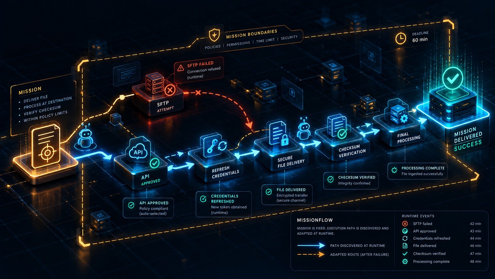 A MissionFlow inside its mission boundaries: an SFTP attempt fails, the agent switches to an approved API, refreshes credentials, delivers the file securely, verifies the checksum and completes processing within a 60-minute deadline.