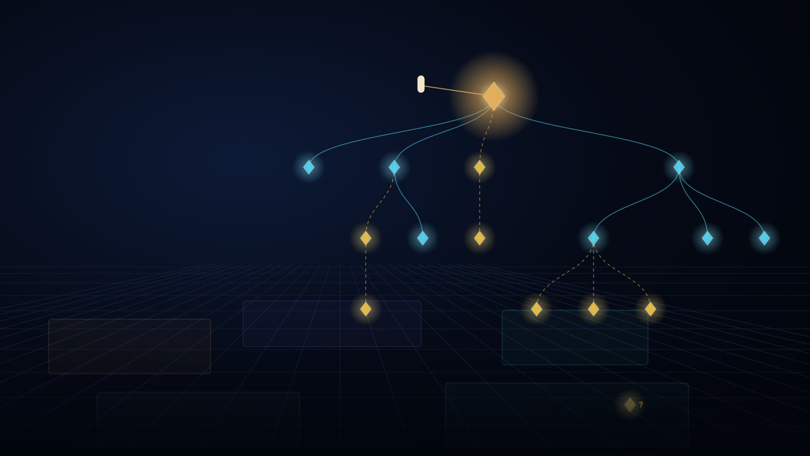 One gold AI worker in a dark office, with fifteen fainter workers branching out behind it.