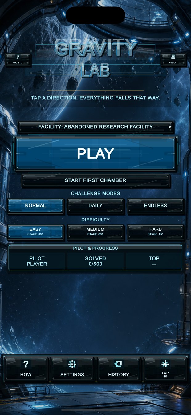 Gravity Lab — title screen & modes