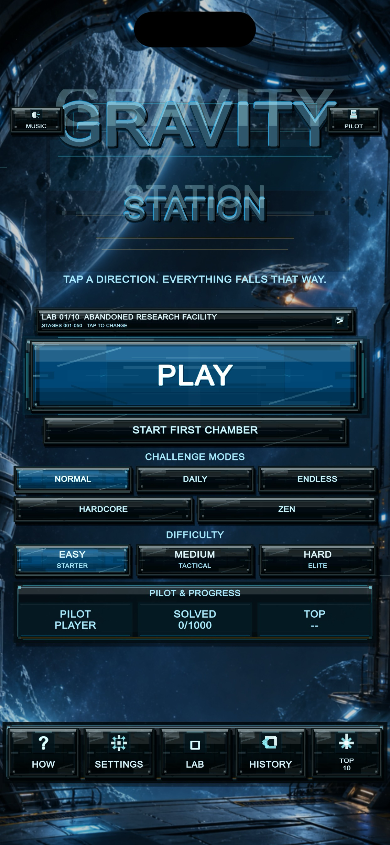 Gravity Station — title screen & modes