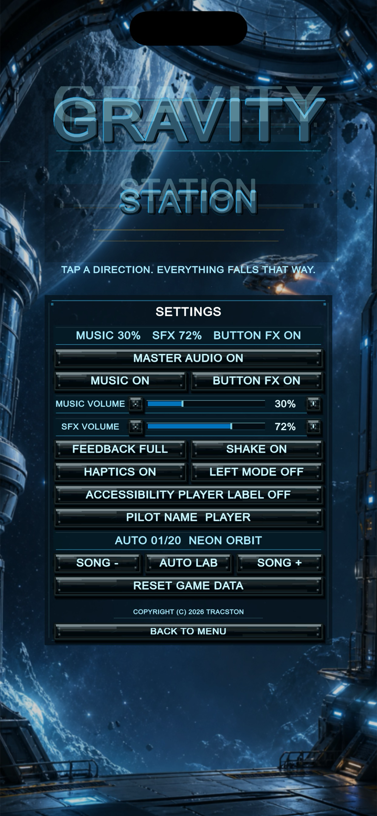 Gravity Station — Settings and audio